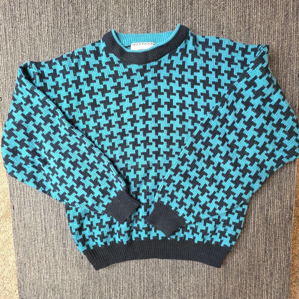 Vintage 90's 80's Houndstooth Checkered Sweater Size Large Black Teal Retro